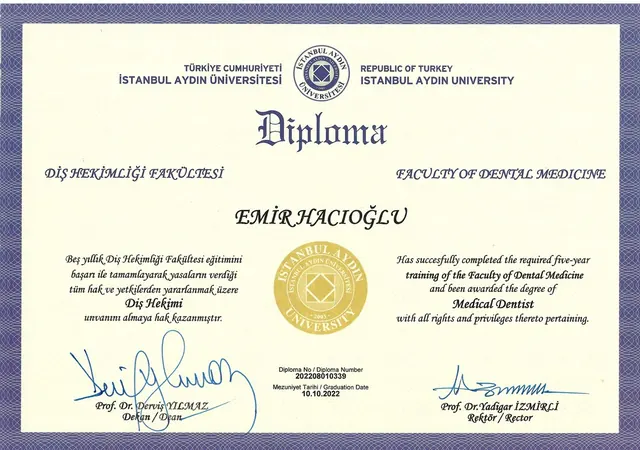 Dr. Emir Hacıoğlu — diploma, Istanbul Aydın University Faculty of Dentistry