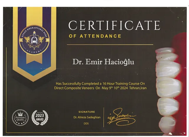 Dr. Emir Hacıoğlu — certificate of attendance, direct composite veneers course